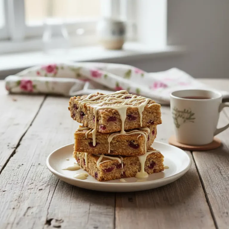 serving cranberry flapjacks with white chocolate drizzle