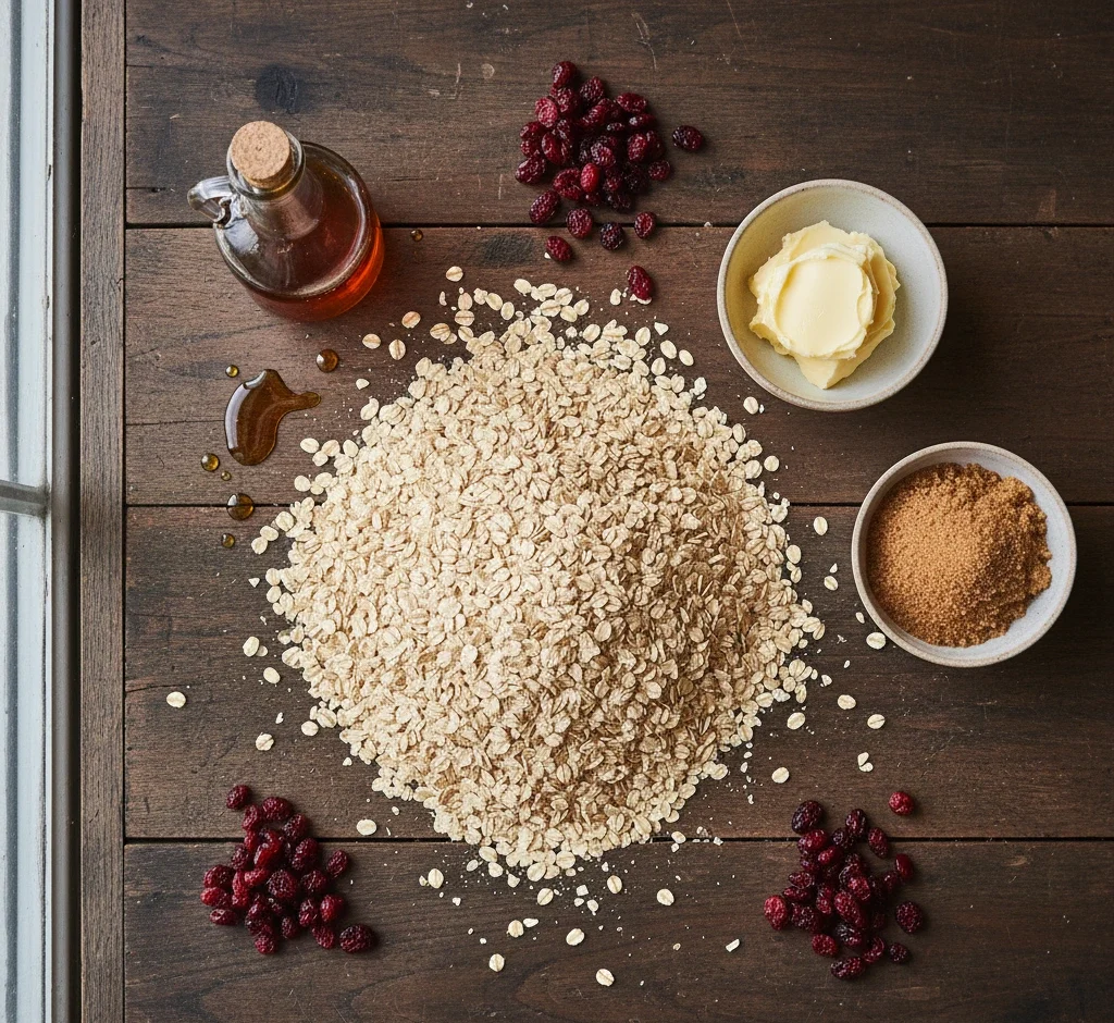 cranberry flapjack ingredients oats butter syrup cranberries