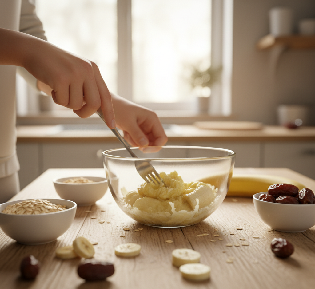 Mashing bananas for sugar free flapjacks