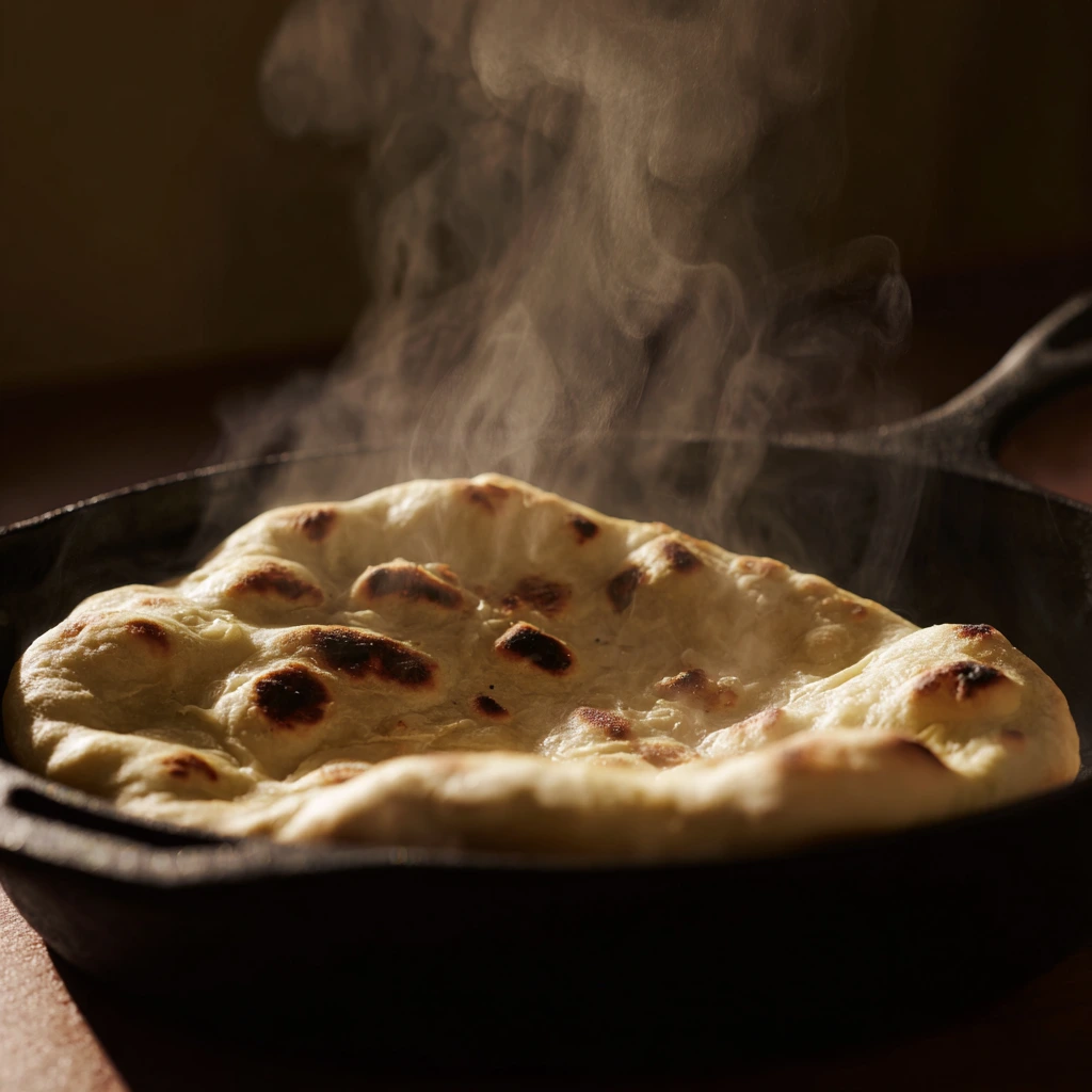 Naan bread cooking skillet puffed charred