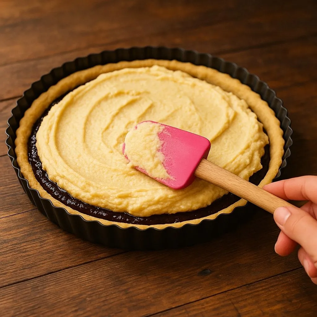 Spreading cherry jam and almond filling in bakewell crust