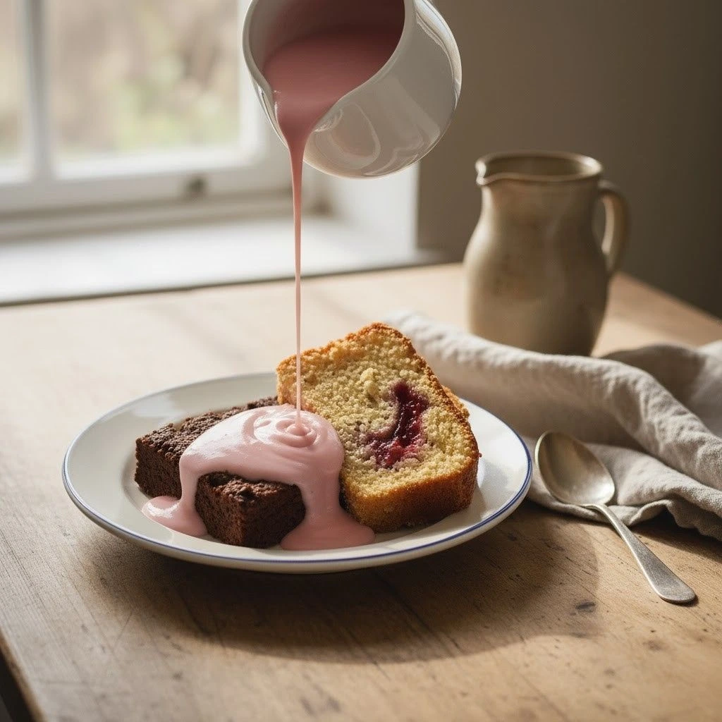Pink custard served over school desserts