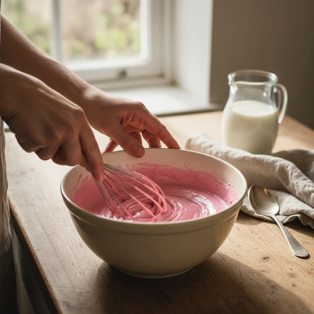 Whisking pink custard paste in a bowl