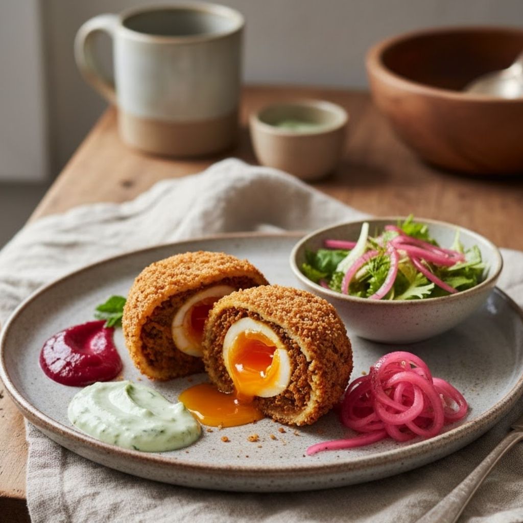 Lamb Vindaloo Scotch Egg served with sauces and salad