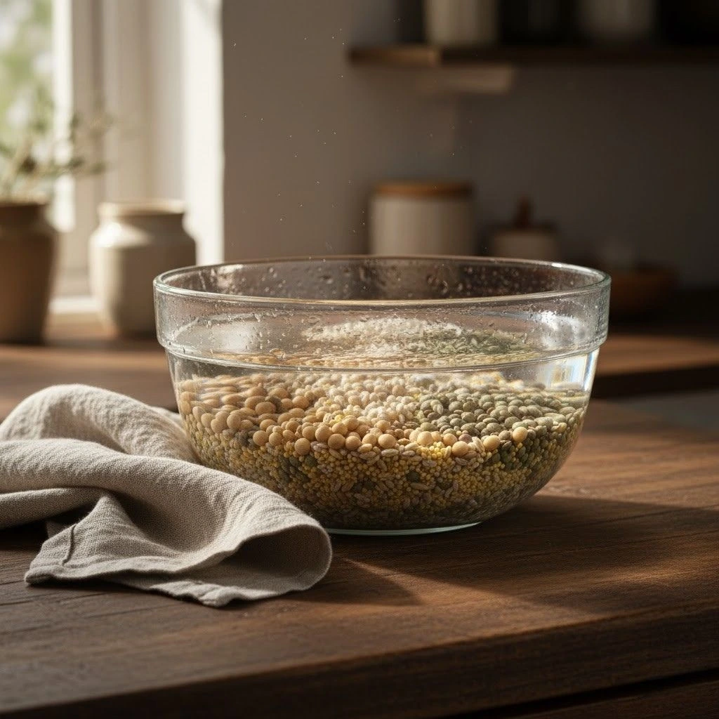 Ezekiel grains soaking in glass bowl on wooden counter