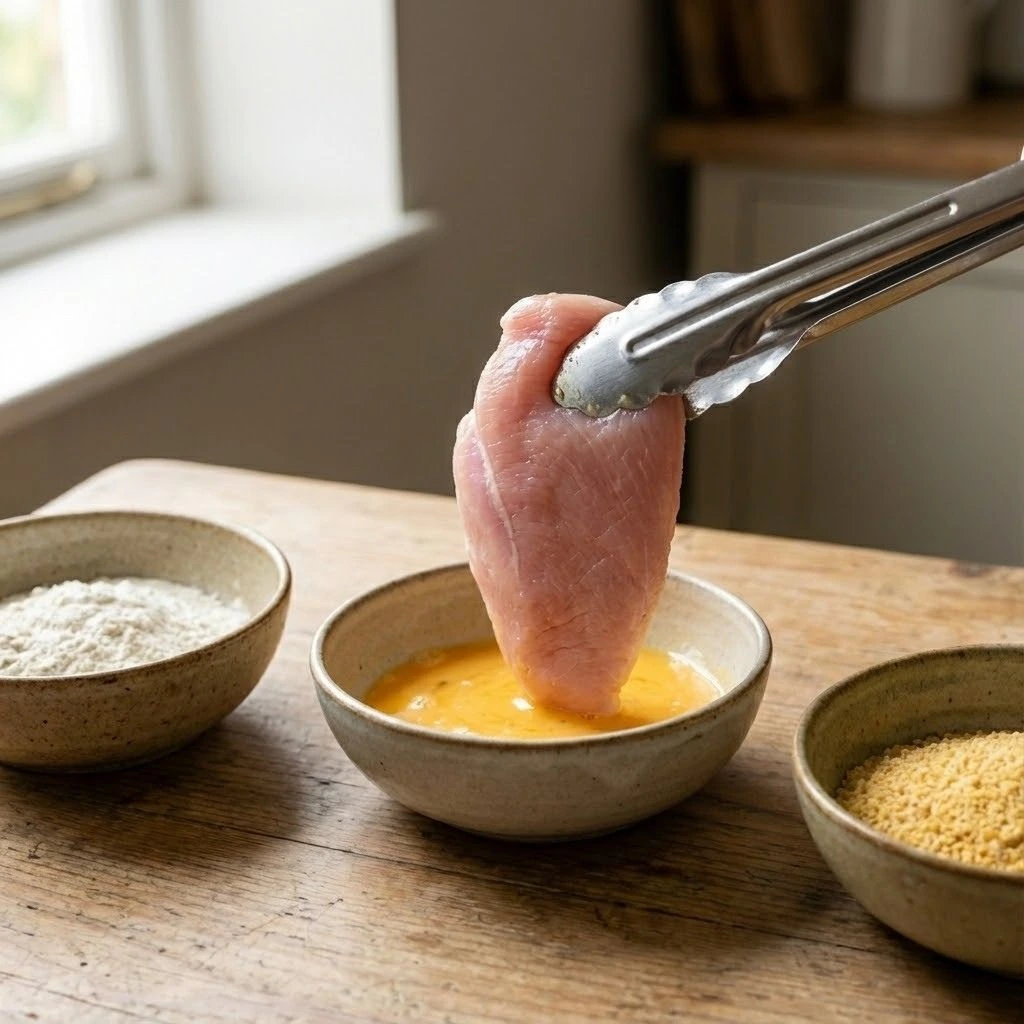 Dipping turkey escalope into egg wash with ceramic bowls on rustic counter