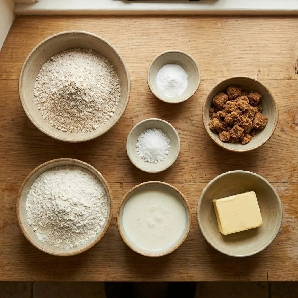 Wheaten bread ingredients in ceramic bowls on wooden counter
