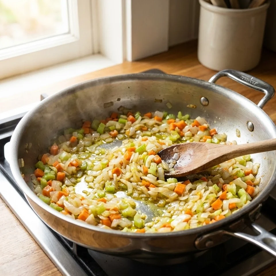 Finely chopped onions, carrots, and celery sautéing in olive oil in a stainless steel pot, being stirred with a wooden spoon.