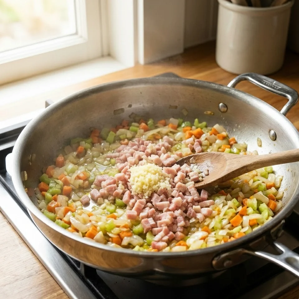 Sautéed onion, celery, and carrot mixture in a stainless steel pot, with minced garlic and diced pancetta being stirred in with a wooden spoon.