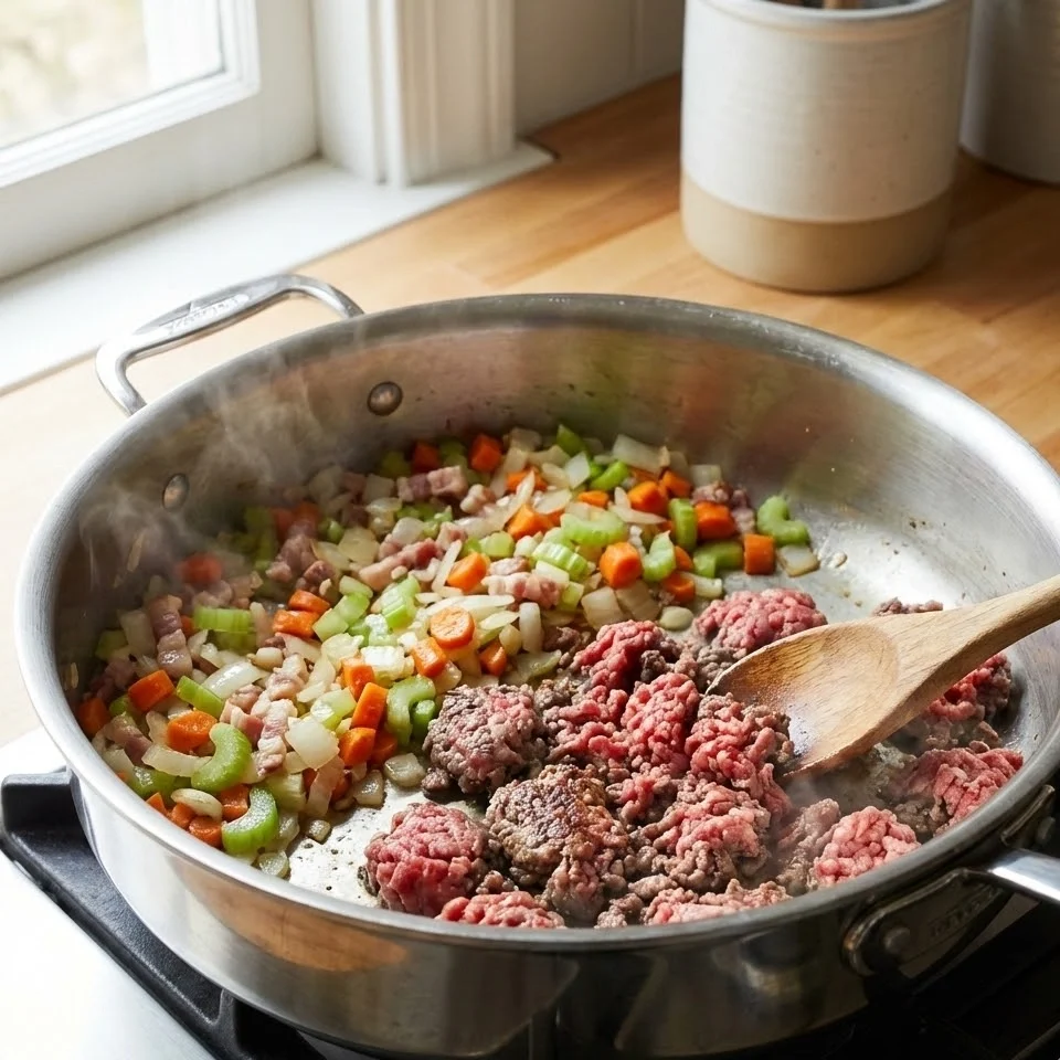 Ground beef browning in a stainless steel pot with sautéed vegetables pushed to the side, being cooked with a wooden spoon.