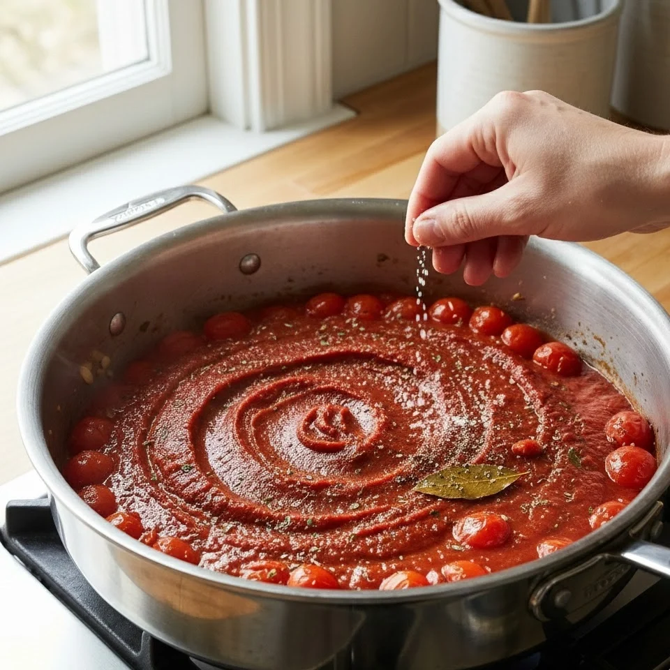 Canned chopped tomatoes, tomato paste, and a dried bay leaf being added to the browned ground beef mixture in a stainless steel pot.