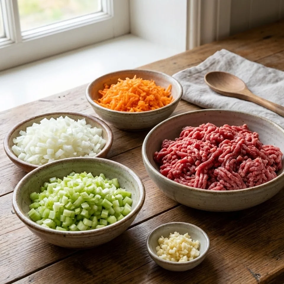 Rustic ceramic bowls containing chopped onions, celery, grated carrots, minced garlic, and raw ground beef arranged on a wooden countertop by a window.