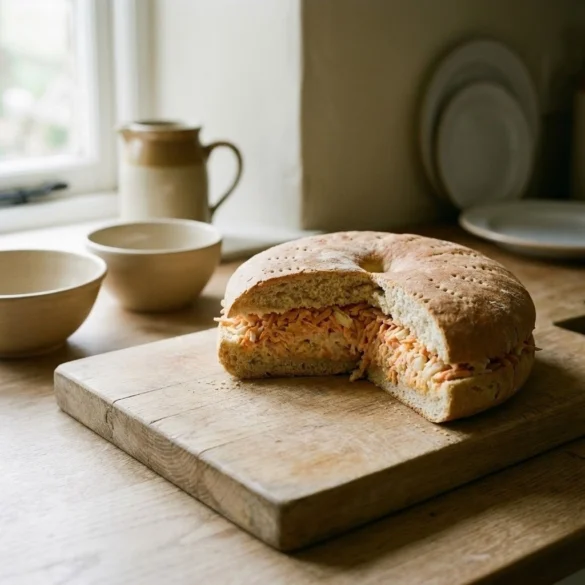 cheese savoury stottie cake sliced on wooden board