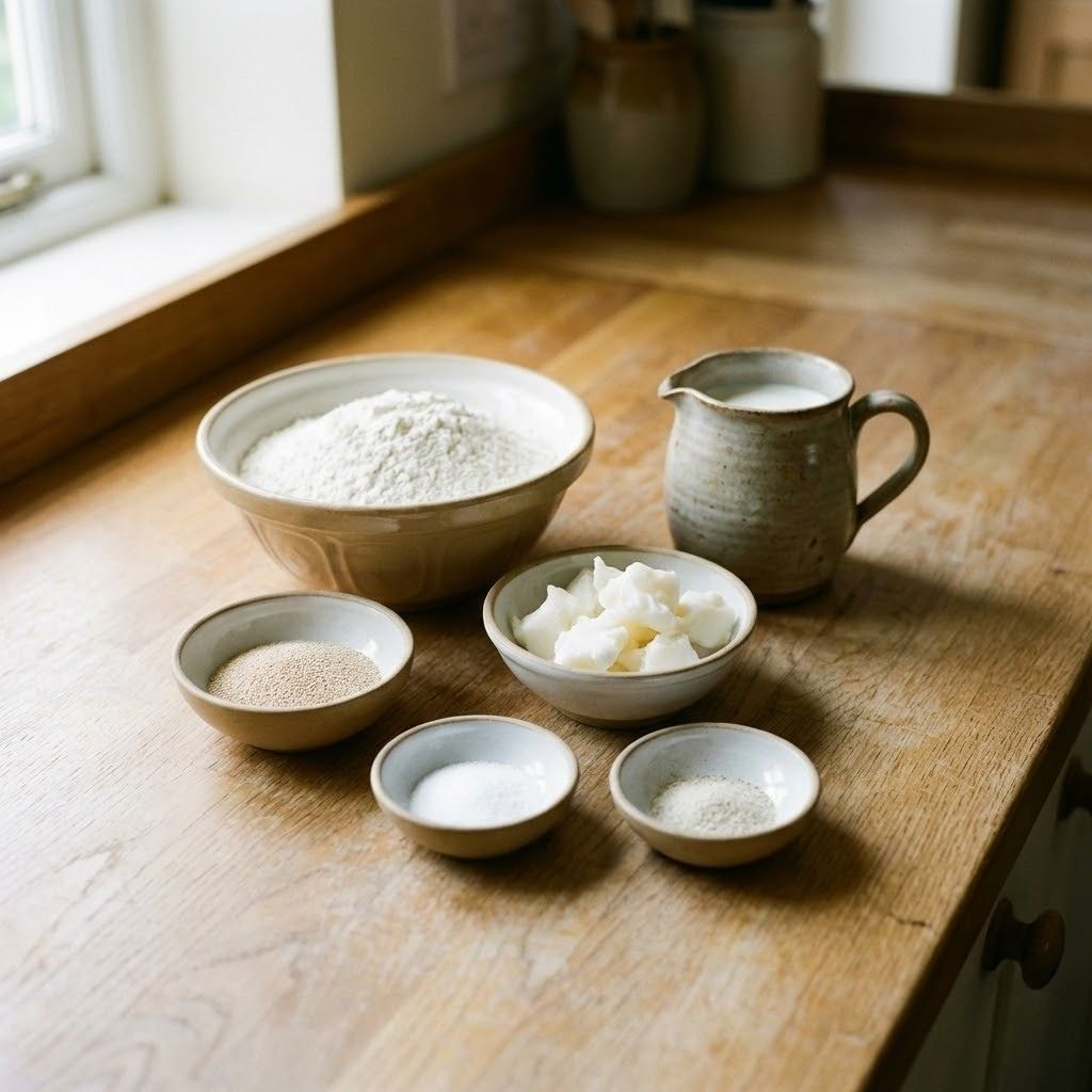 stottie cake ingredients in ceramic bowls