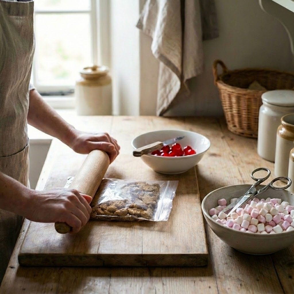 Traditional Fifteens Recipe biscuit crushing, cherry halving, and marshmallow cutting