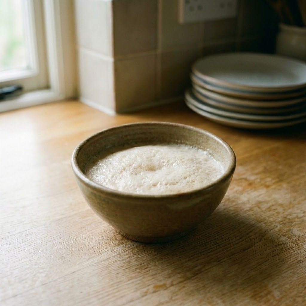 yeast activating in ceramic bowl for stottie dough