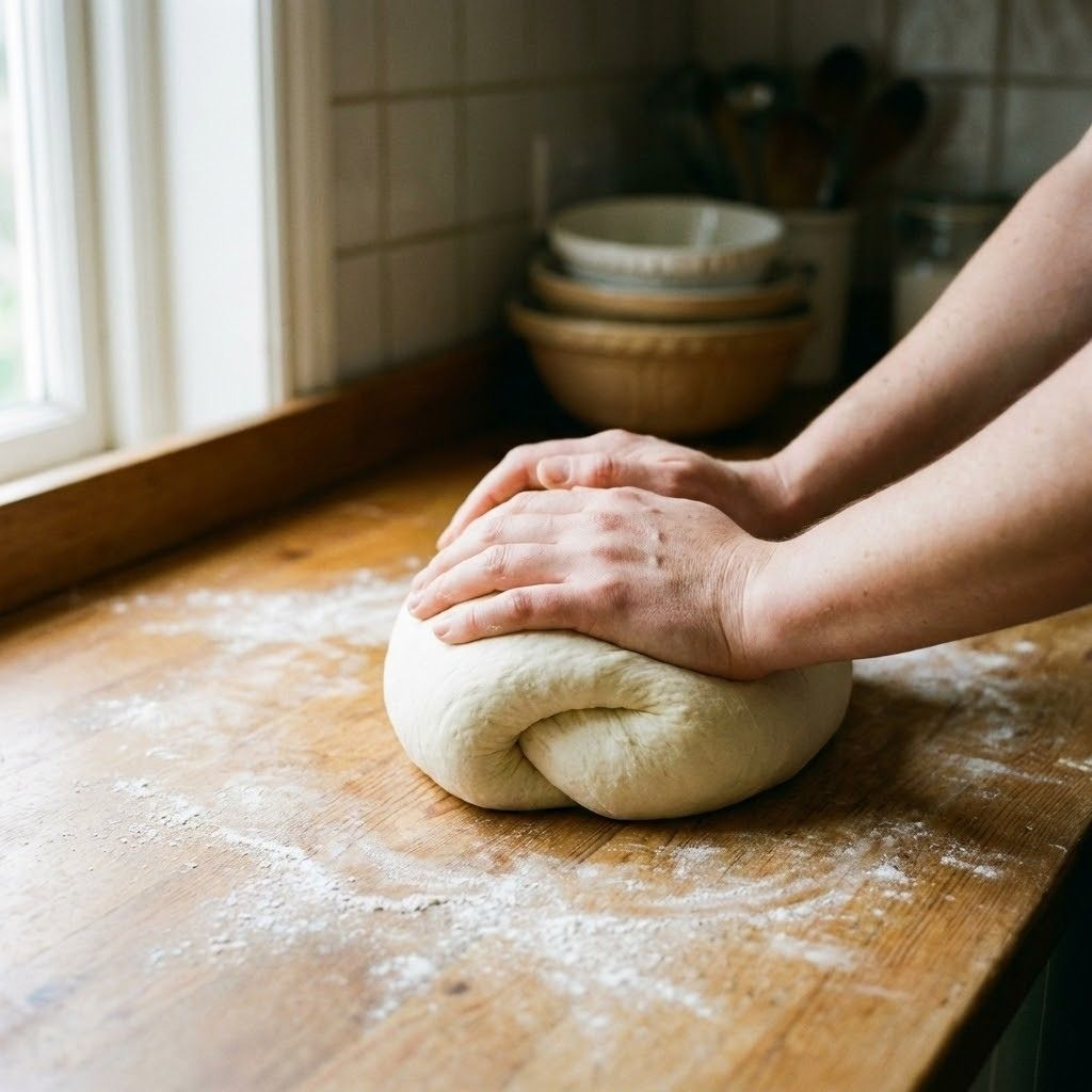 kneading stottie dough on floured wooden surface