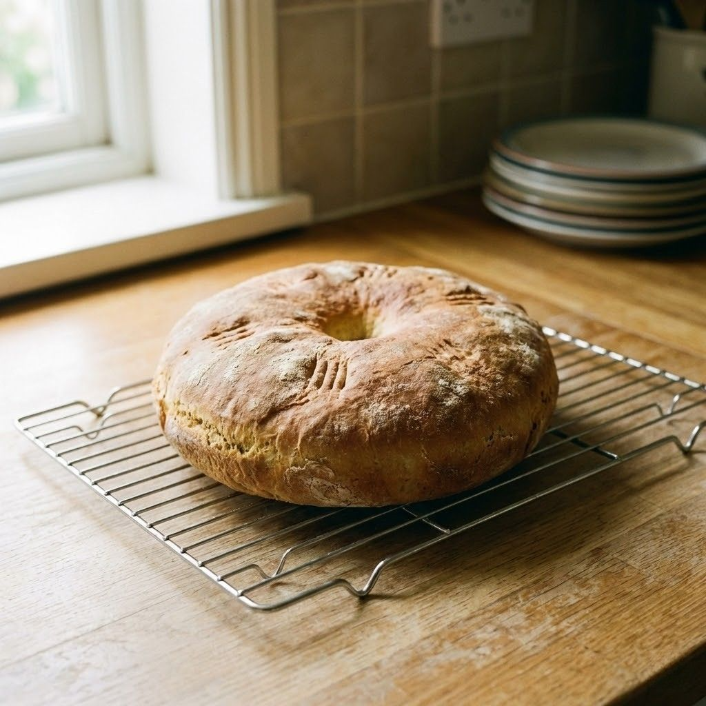baked stottie cake cooling on wire rack