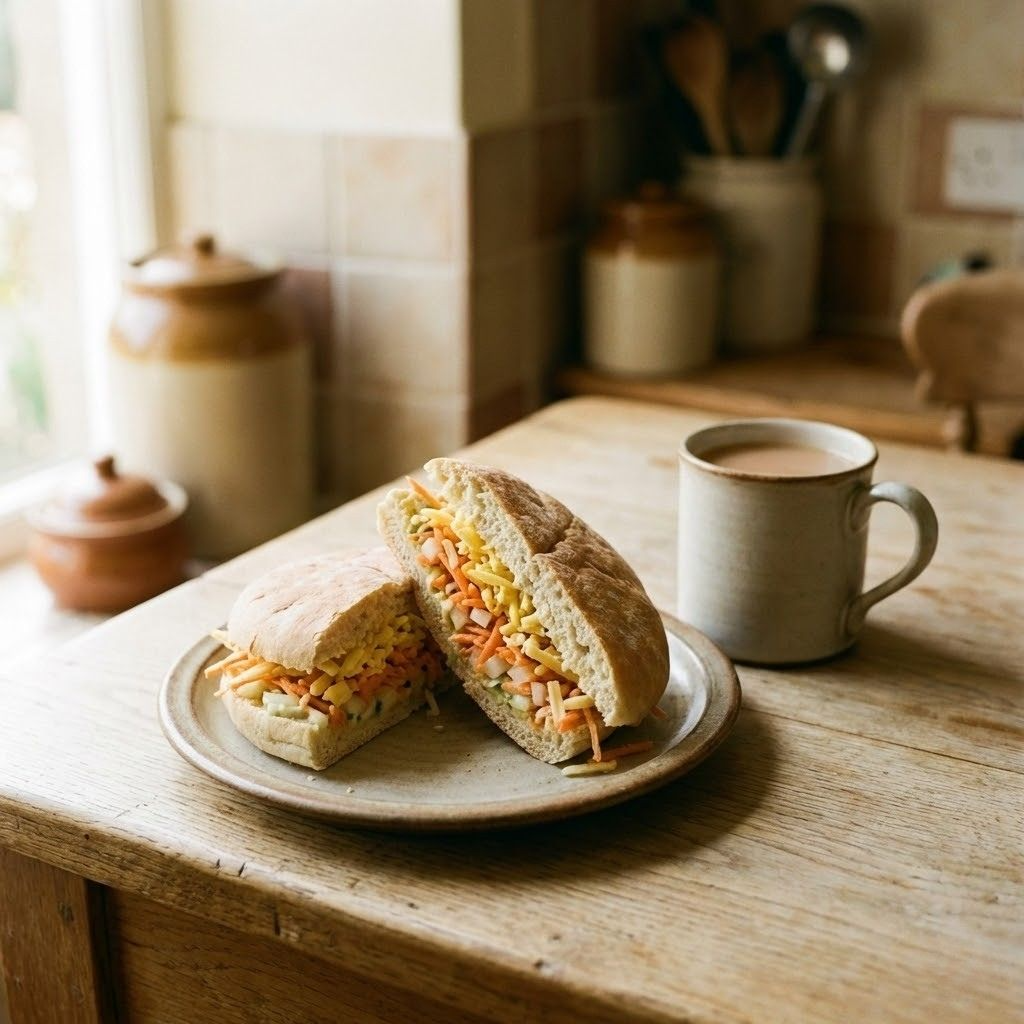 cheese savoury stottie sandwich on ceramic plate