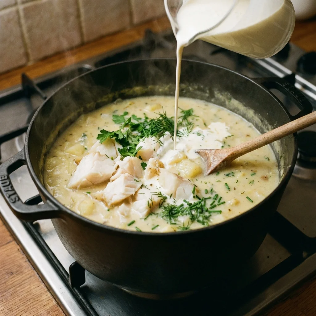 Stirring flaked smoked haddock and cream into the potato soup