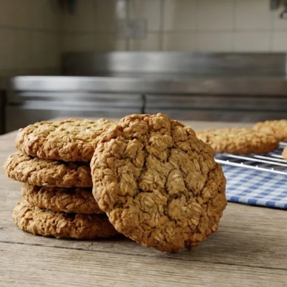 Stack of chewy bakery-style oat biscuits on a rustic wooden table.