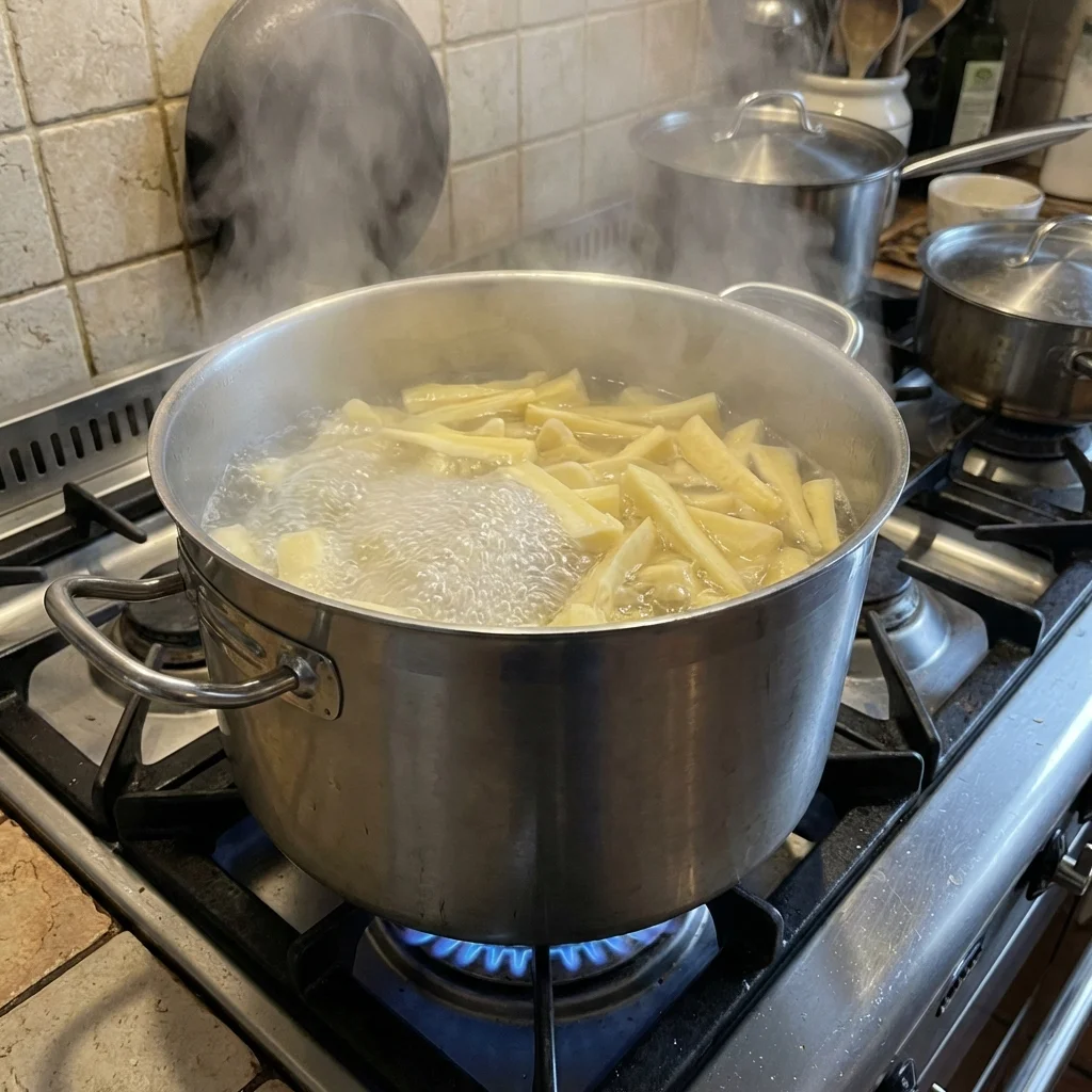 Parboiling parsnips in a large pot