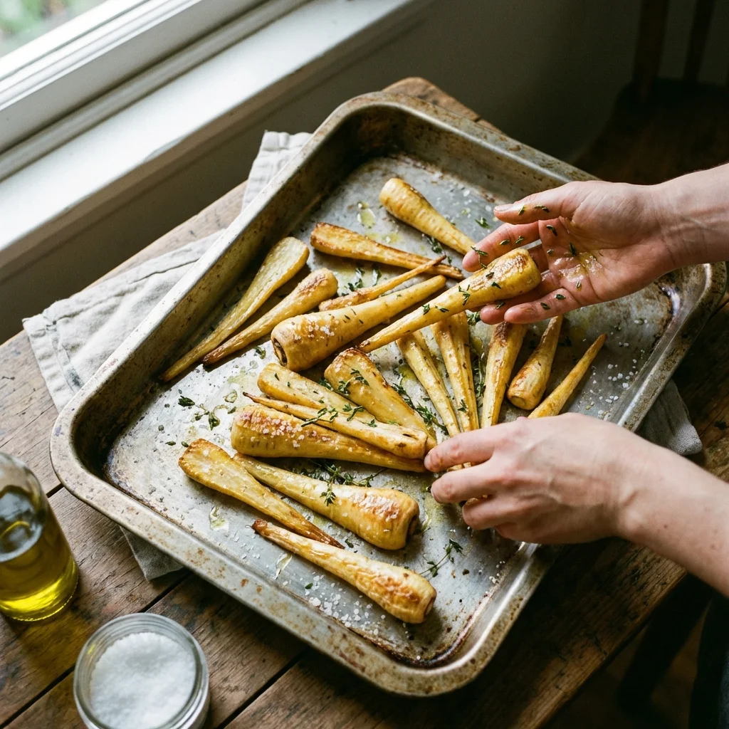 Tossing parsnips in oil and thyme