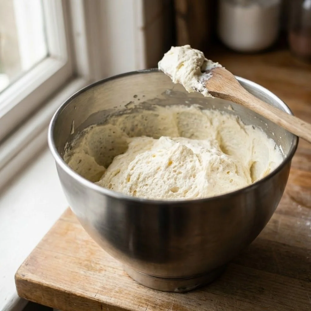 Pale and fluffy creamed butter and sugar in a mixing bowl.