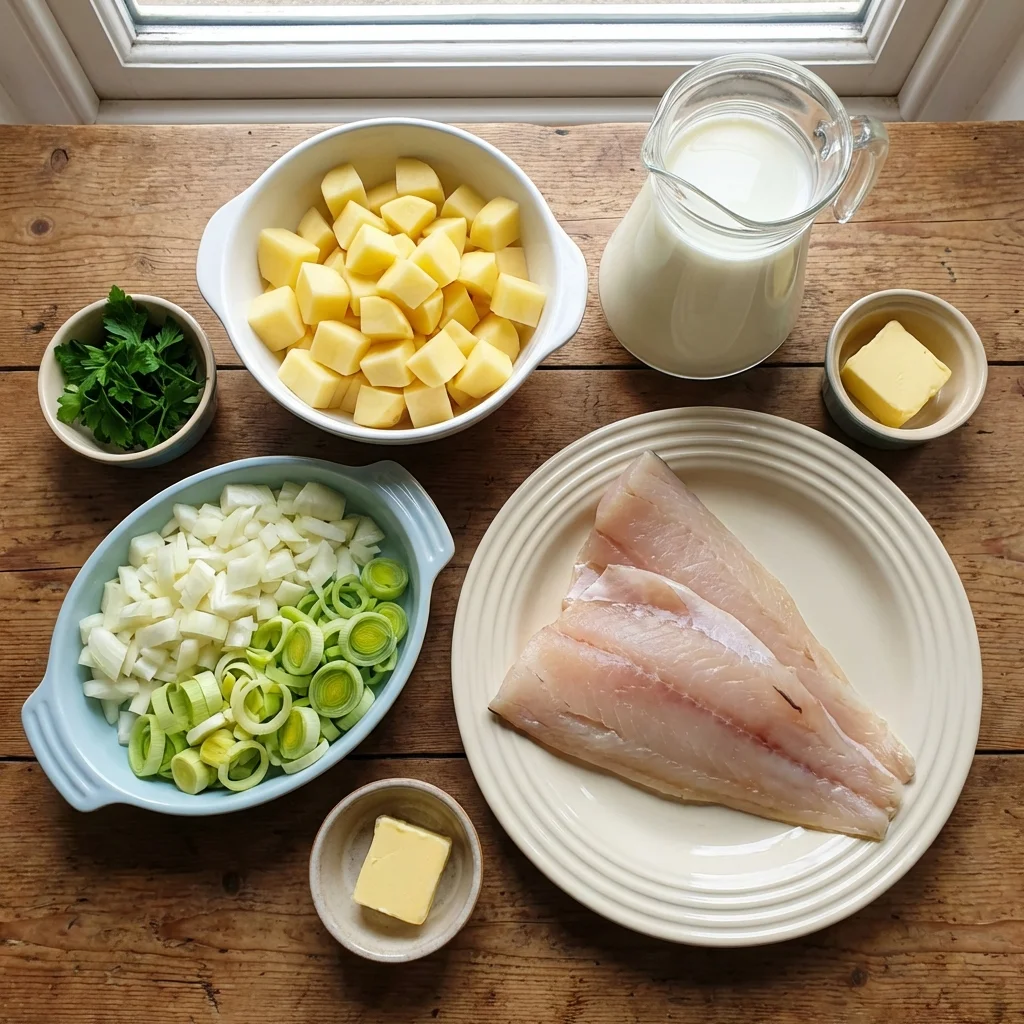 Ingredients for Cullen Skink: smoked haddock, potatoes, onions, leeks, and milk