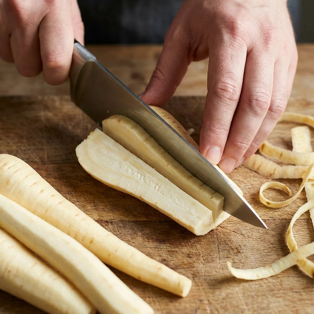 Slicing parsnips lengthwise into quarters