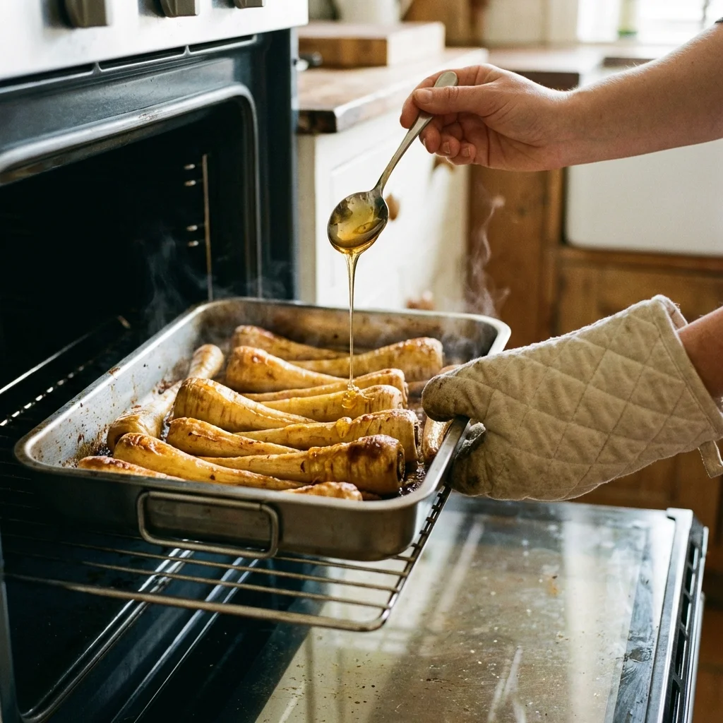 Drizzling honey over partially roasted parsnips