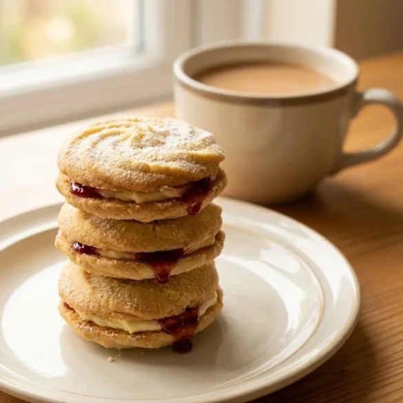 Stack of homemade Viennese whirls on a plate with tea.