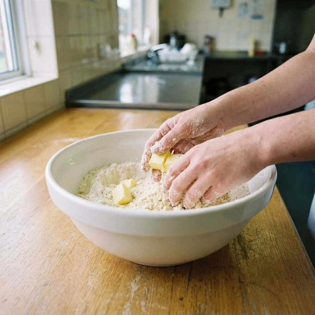 Rubbing butter into flour for Empire Biscuit Cookies shortbread dough