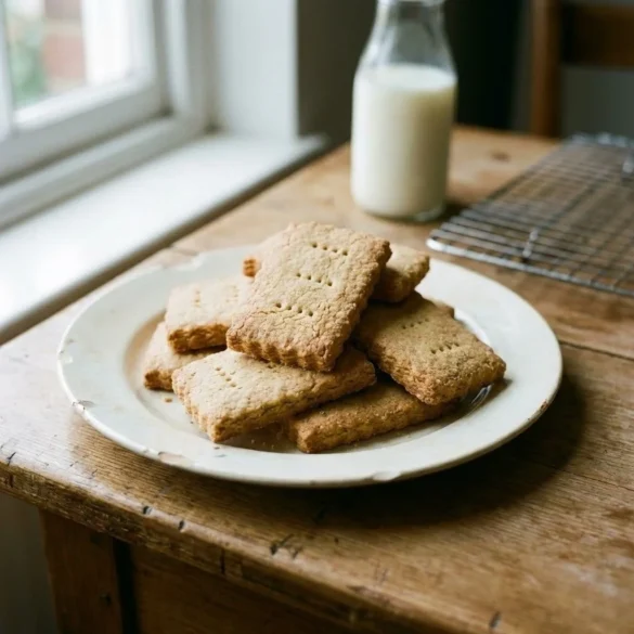 Stack of thin homemade malted milk biscuits with fork pricks on a ceramic plate.