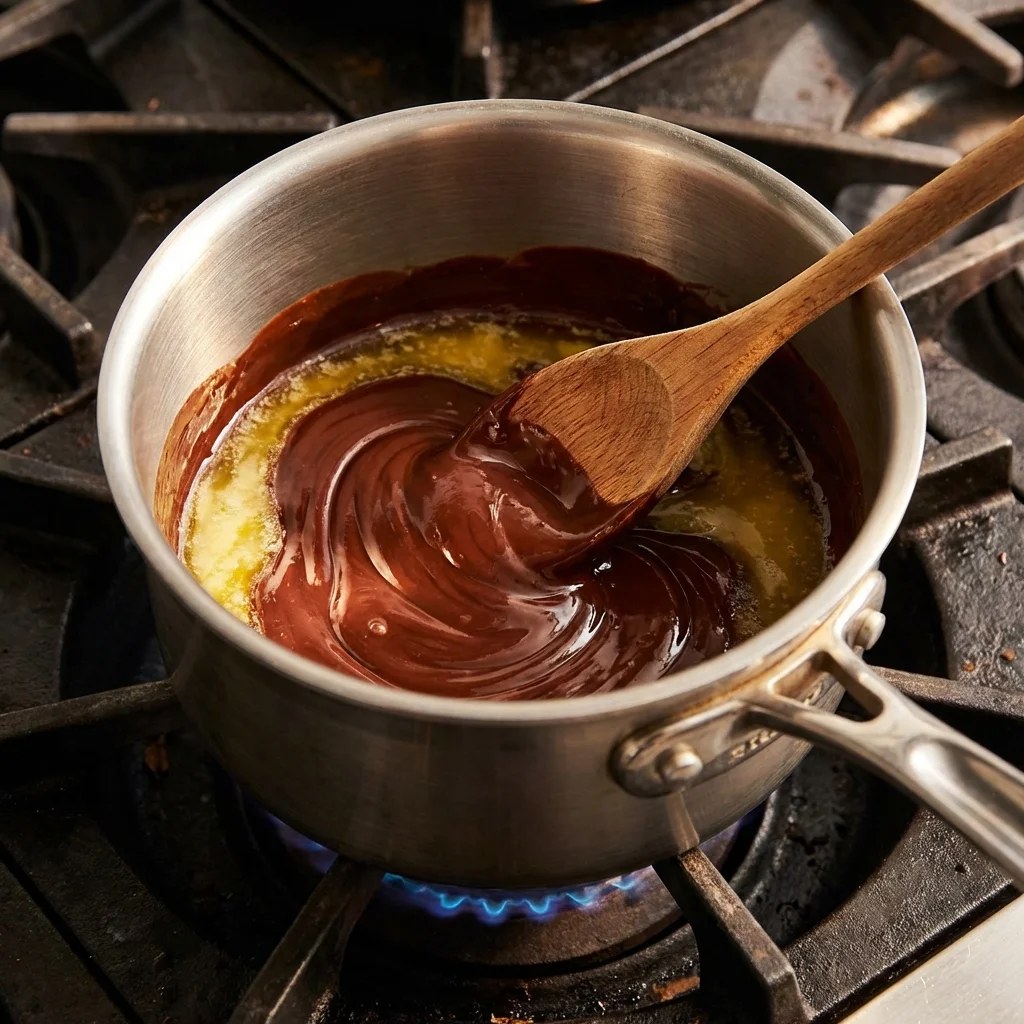 Melting chocolate and butter in a saucepan on a stovetop.