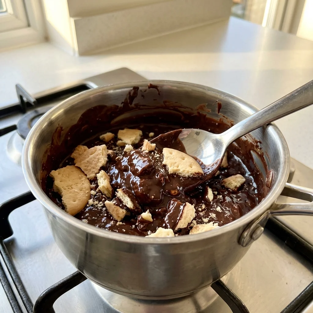Mixing broken Rich Tea biscuits into melted chocolate.