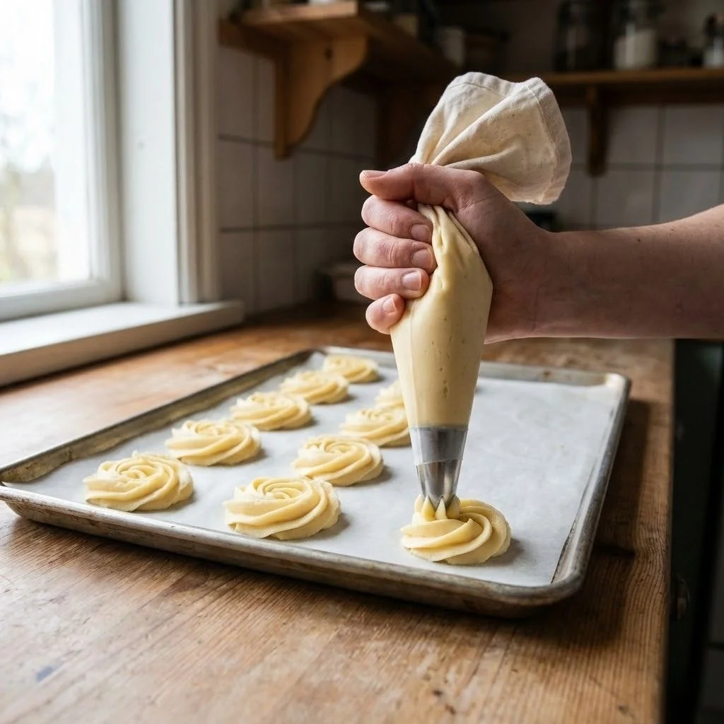 Piping raw Viennese biscuit dough into rosettes on parchment paper.