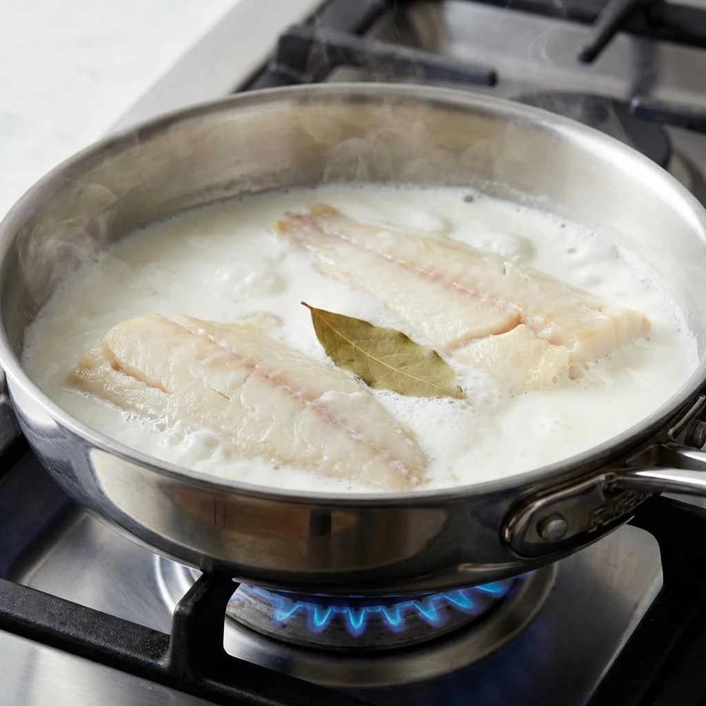 Smoked haddock fillets poaching in milk with a bay leaf on the stove