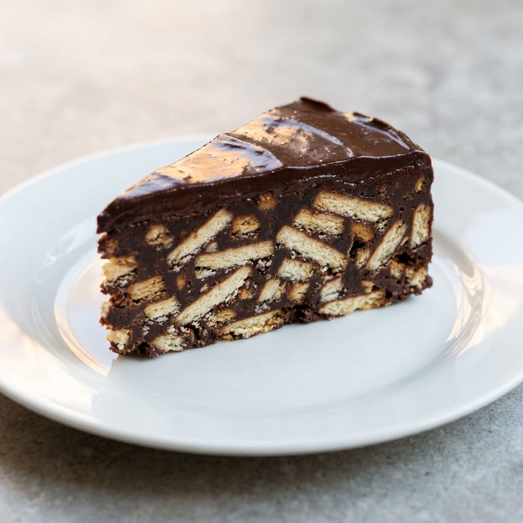 A slice of no-bake chocolate biscuit cake on a white plate.