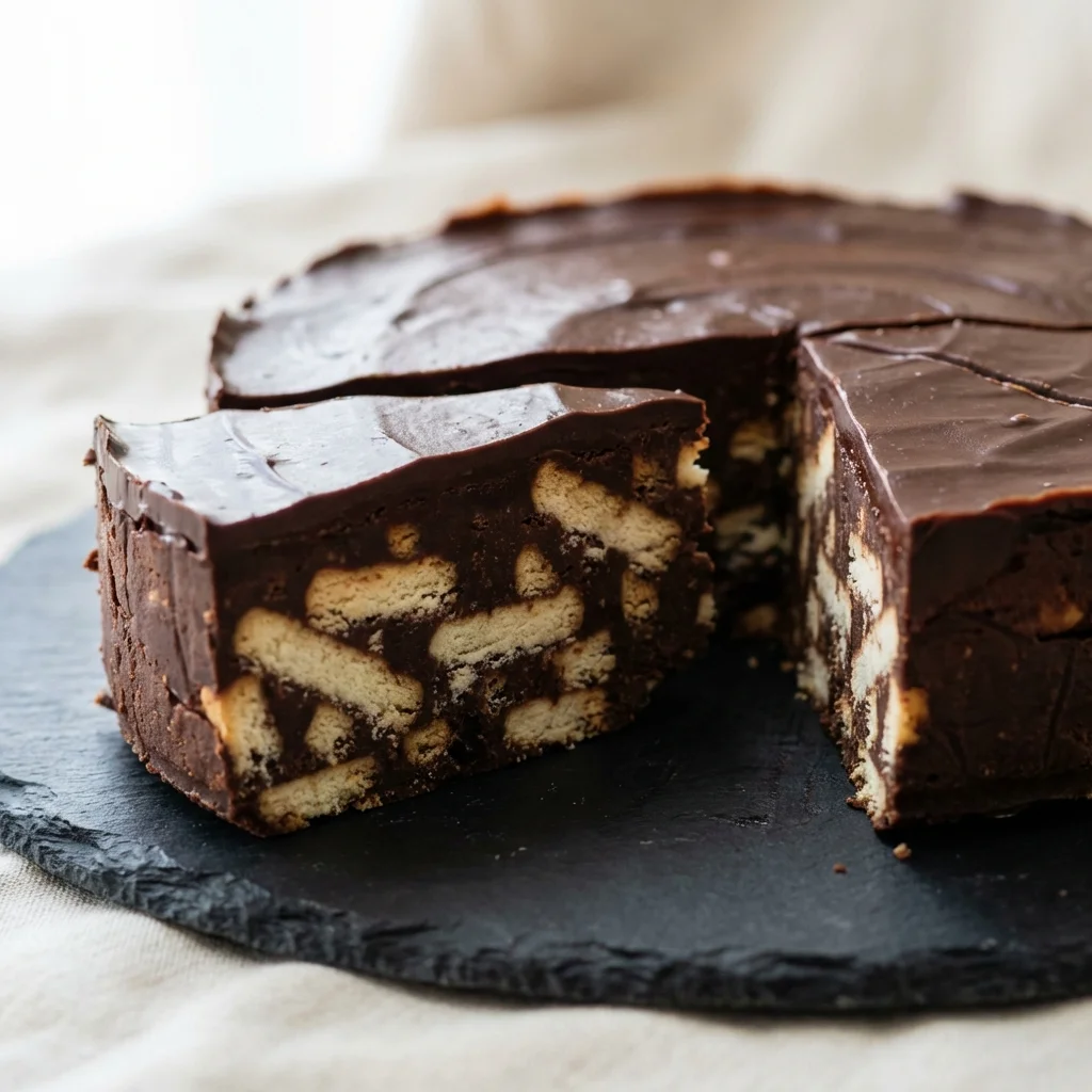 A sliced Royal Chocolate Biscuit Cake showing layers of biscuits.