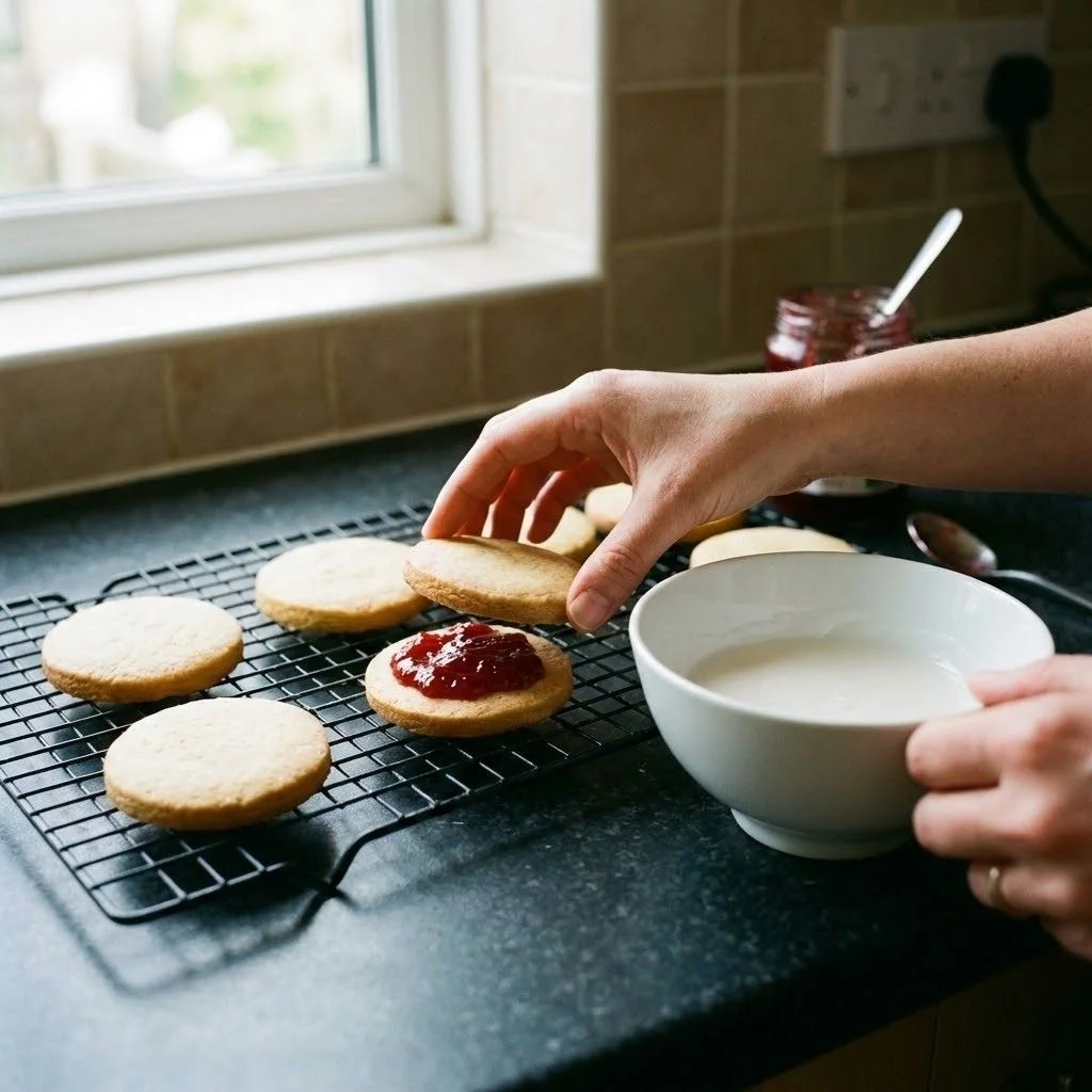 Sandwiching Empire Biscuit Cookies with raspberry jam