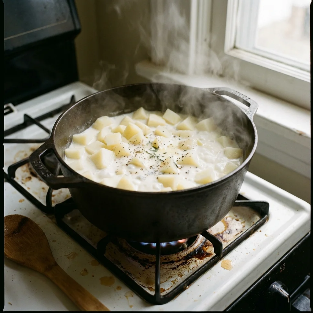 Potatoes simmering in milk and stock for Cullen Skink