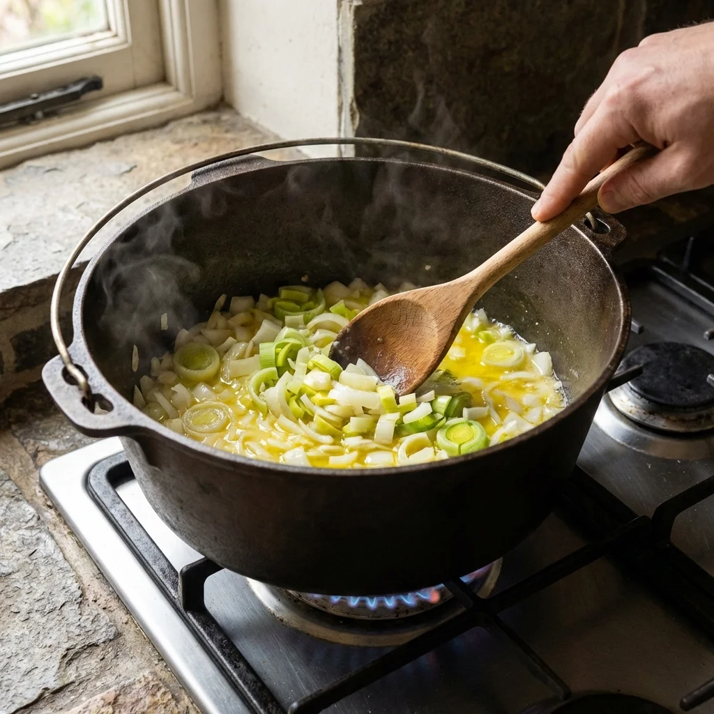 Chopped onions and leeks sweating in butter in a pot