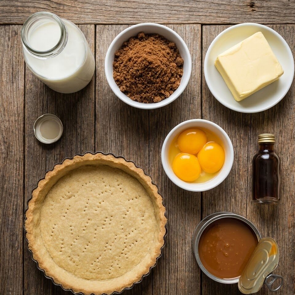 ingredients for old school caramel tart laid out