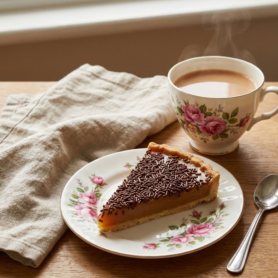 slice of caramel tart with tea