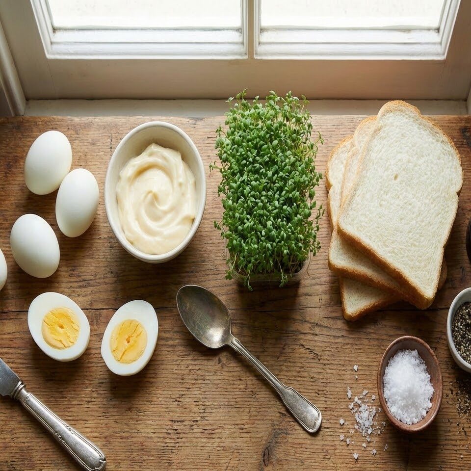 Ingredients for making British egg and cress sandwiches