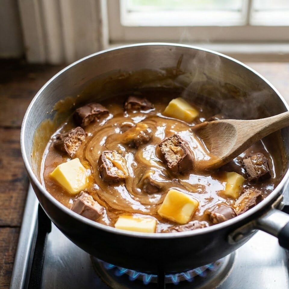Mars Bars, butter, and syrup melting in a pan over low heat
