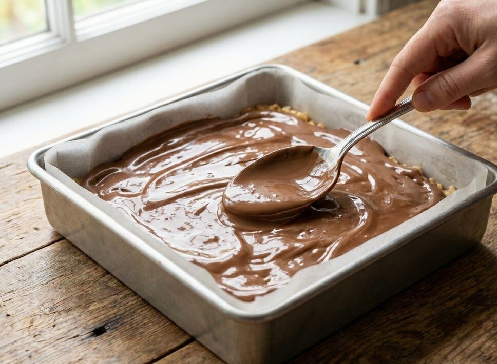 Spreading melted chocolate over the cereal base