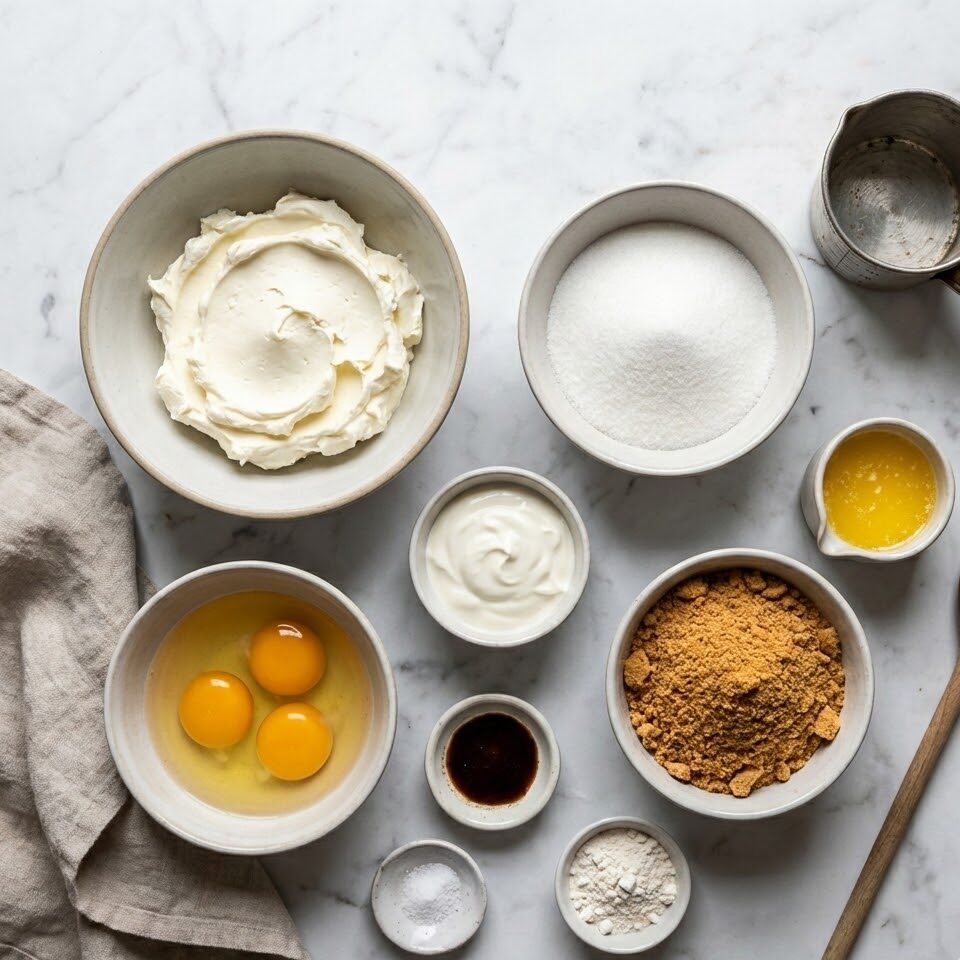 Vanilla cheesecake ingredients flat lay