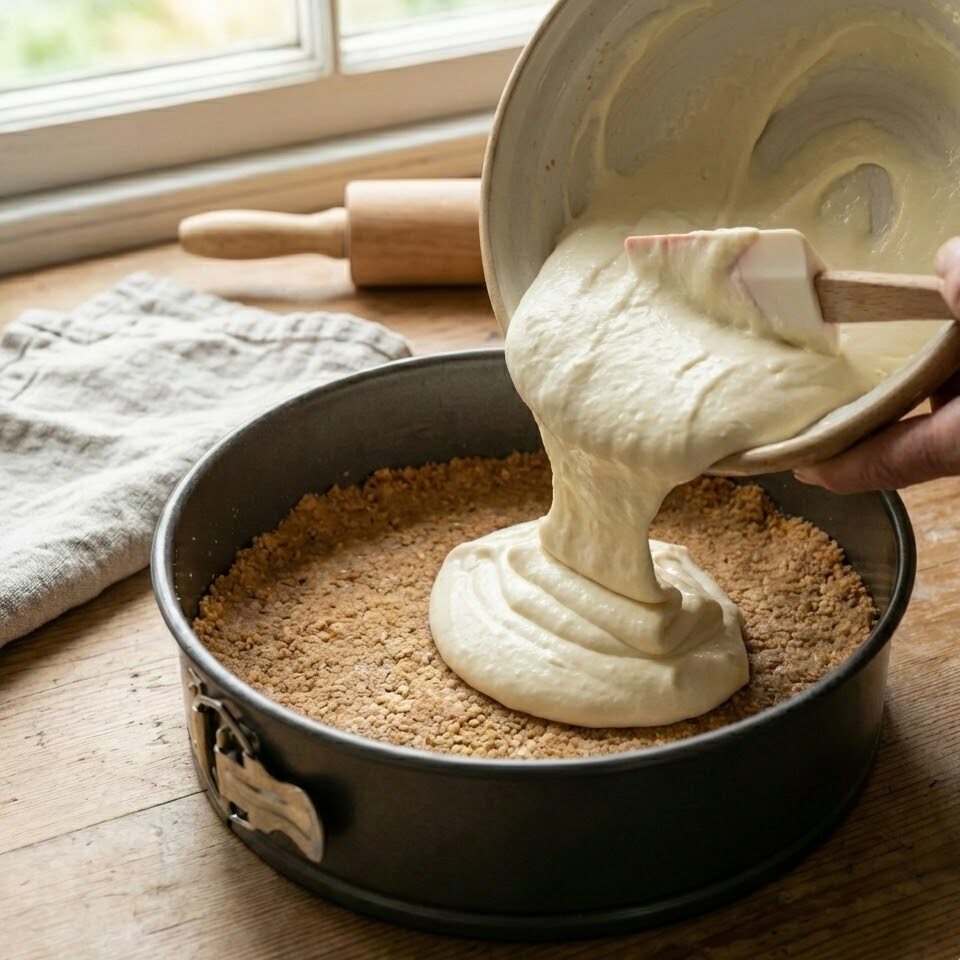Pouring cheesecake filling over crust
